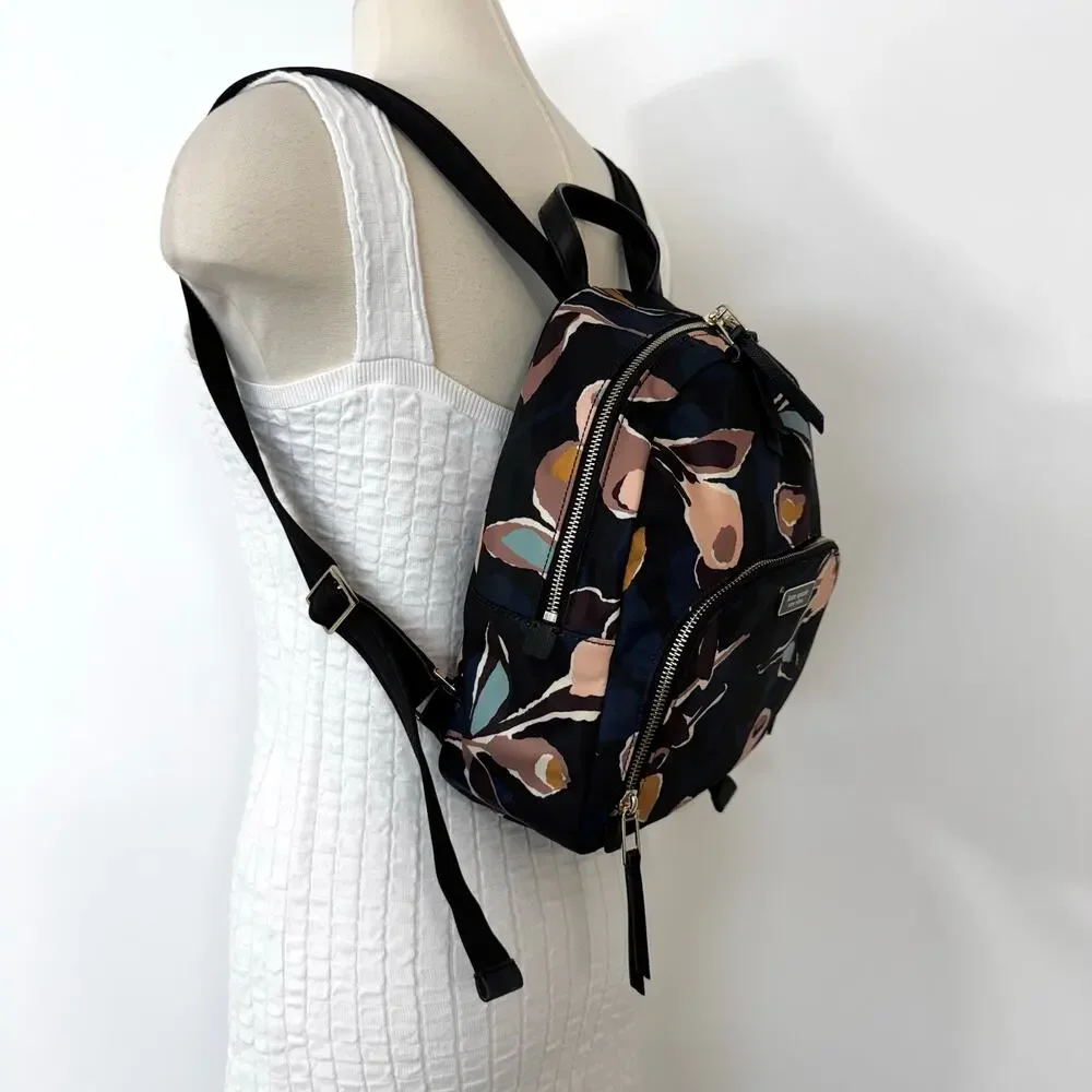 Kate Spade Dawn Paper Rose Medium Backpack Nylon Leather Trim in Black Floral